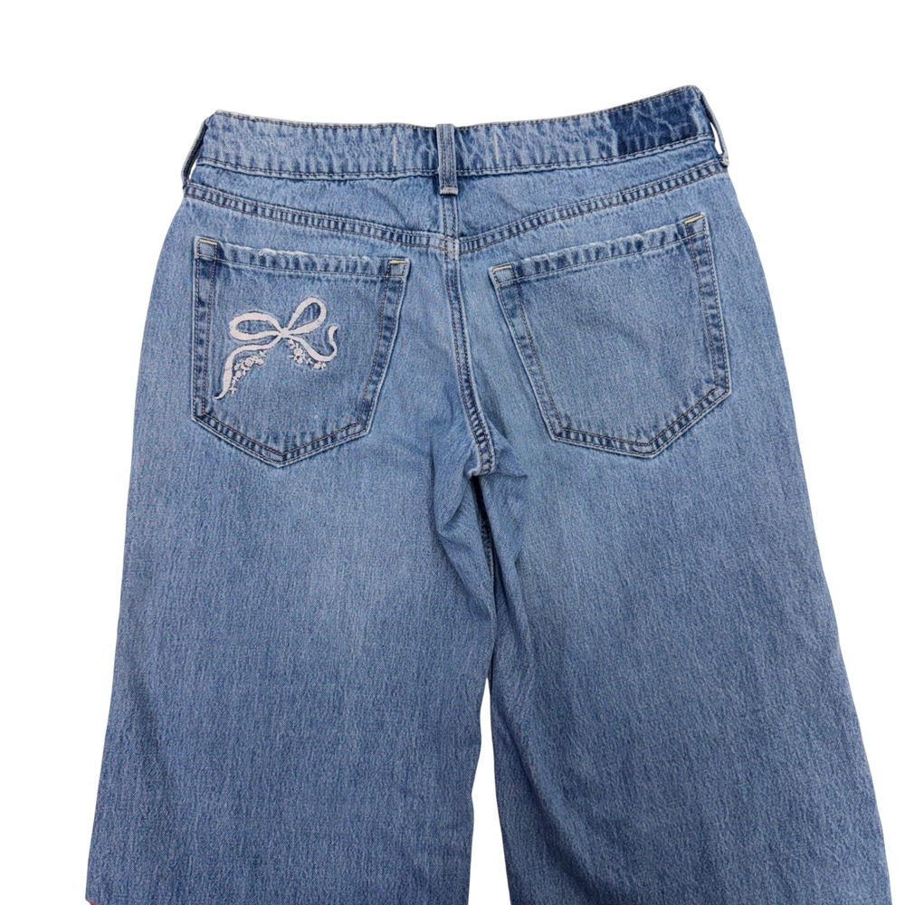 Hollister Embroidered Bow Low-Rise Baggy Jeans Medium Wash 2R W26 Y2K Coquette - Picture 3 of 16